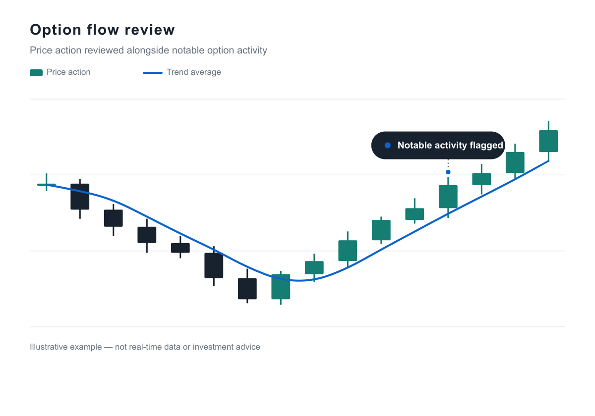 Illustrative chart showing price action reviewed alongside notable option flow
